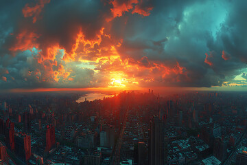 Obraz premium Dramatic panoramic shot of a stormy sky looming over a bustling metropolis, capturing the intensity of the approaching weather. 