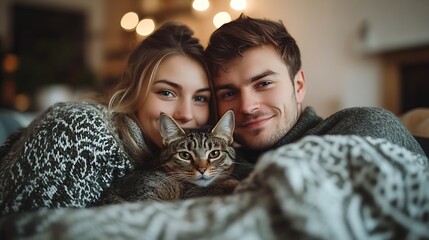 Young couple with cute cat sitting on sofa at home : Generative AI