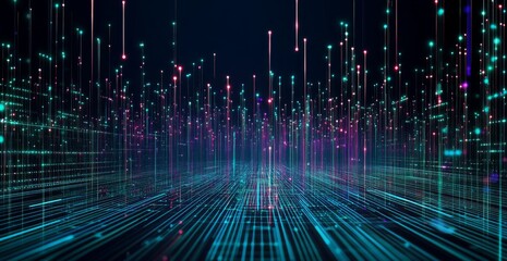 Futuristic Digital Landscape with Data Lines, Dots, and Network Grid in Cyberpunk Style