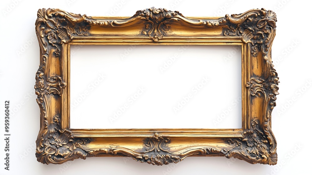 Poster antique gold brown classic old vintage wooden rectangle mockup canvas frame isolated on white backgr
