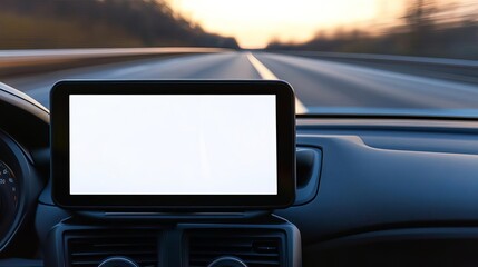 A blank white screen on a GPS device in a car, with a blurred view of a road ahead, captured in a realistic, onthemove photo style