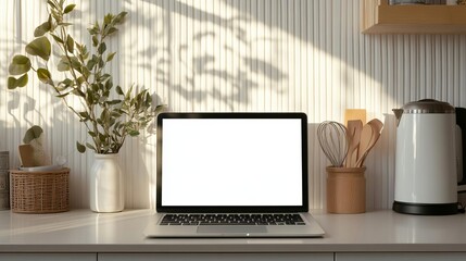 A blank white screen on a laptop in a sunlit, airy office, with plants and natural light streaming in, captured in a bright, cheerful photo style