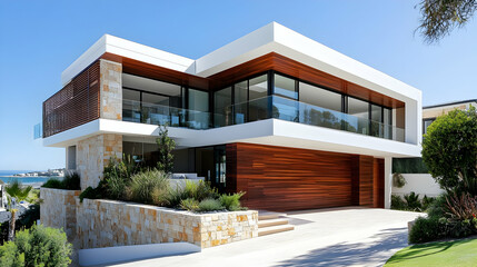 Modern two-story home with wooden siding, stone wall, and a glass railing balcony overlooking the sea.