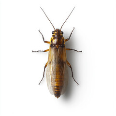 Close-up of a cricket insect isolated on a white background, highlighting its detailed body structure and texture.