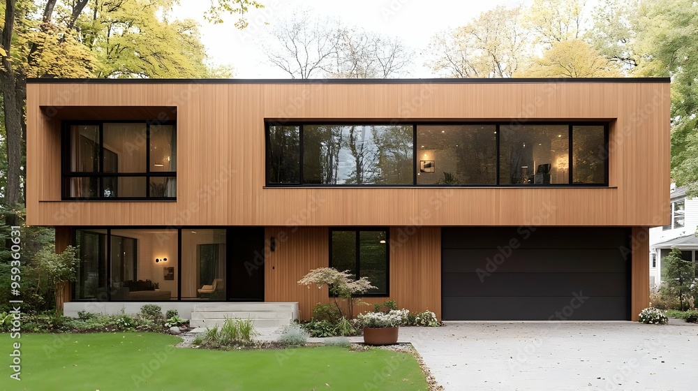 Sticker Modern wood-clad house with large windows and a black garage door.