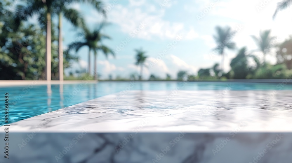 Aufkleber white marble top with blurred empty Swimming pool background can be used for mocking up or display product to make advertising : Generative AI