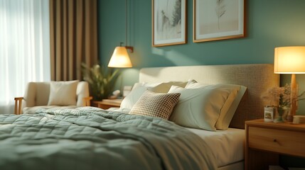 Fototapeta premium Interior design of cozy bedroom interior with mock up poster frame bed sage bedding beige plaid lamp boucle armchair wooden bedside table and personal accessories Home decor Template : Generative AI