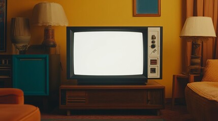 A blank white screen on a retro gaming console in a classic 90s living room, with nostalgic furniture and decor, captured in a warm, retro photo style