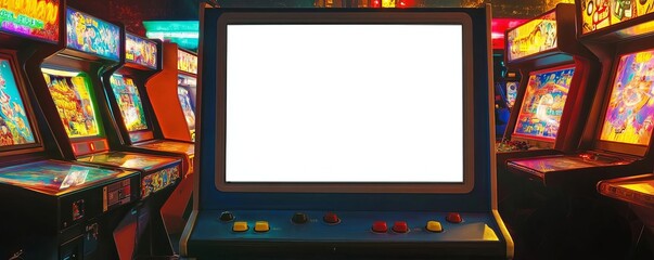 A blank white screen on a retro arcade machine in a vintage gaming room, with posters and neon...