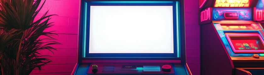A blank white screen on a retro arcade machine in a vintage gaming room, with posters and neon lights, captured in a colorful, nostalgic photo style