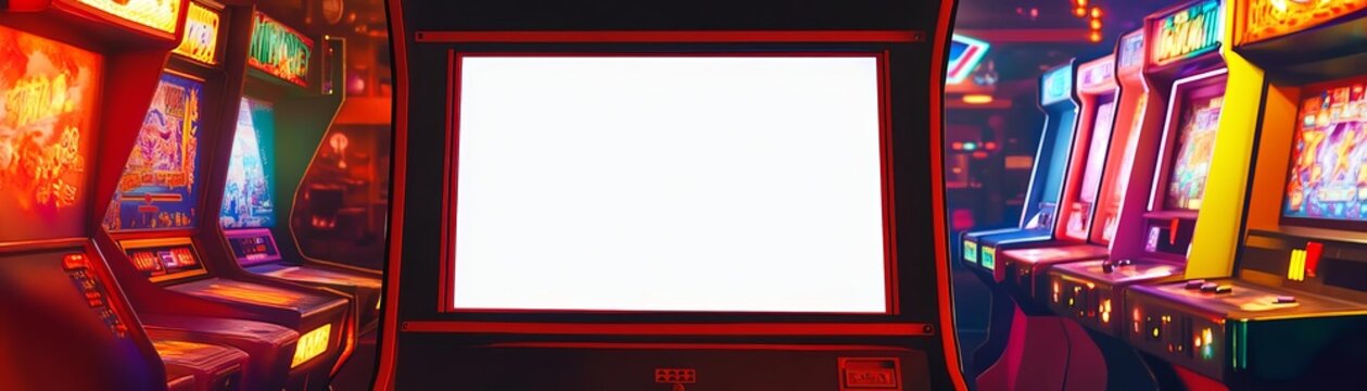 A blank white screen on a retro arcade machine in a vintage gaming room, with posters and neon lights, captured in a colorful, nostalgic photo style