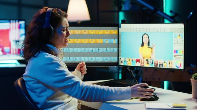 Freelancer dancing on chair while editing professional photographs, enjoying music. Photo editor bopping head on favorite tunes while using editing software, having fun, camera A