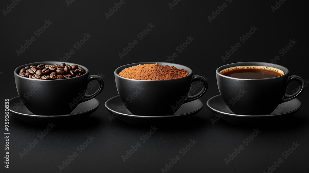 Aufkleber three black cups with coffee and saucers on black background one with coffee beans the second with g