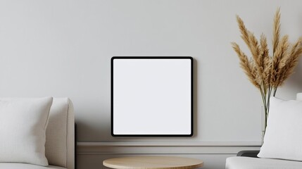 Fototapeta premium A blank white screen on a tablet in a stylish home office, with modern furniture and clean decor, captured in a sleek, professional photo style