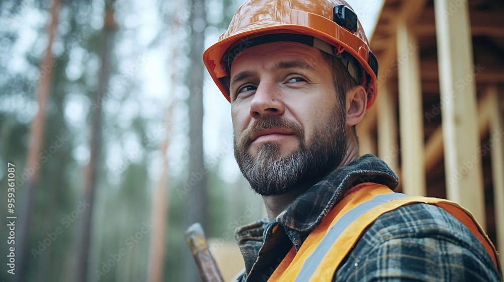 Poster carpenter constructing wooden frame house near the forest bearded man hammering nails into structure