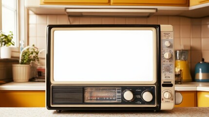 Fototapeta premium A blank white screen on a vintage radio in a cozy, rustic kitchen, with warm lighting and wooden decor, captured in a nostalgic, homely photo style
