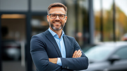 Confident middle-aged businessman with glasses, smiling and standing with arms crossed, posing in front of office building.