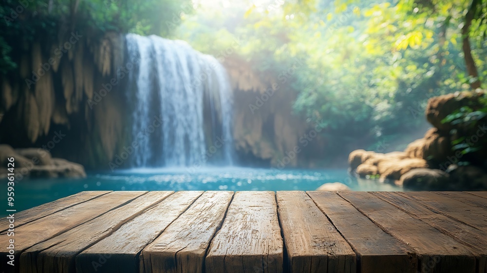 Poster Empty wood table top with blur background of waterfall tropical in summer The table giving copy space for placing advertising product on the table along with beautiful summer waterfall : Generative AI