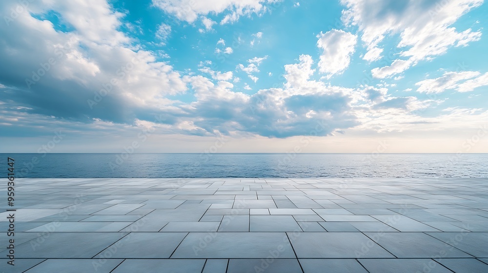 Aufkleber empty square floor and blue sea with sky clouds background : generative ai