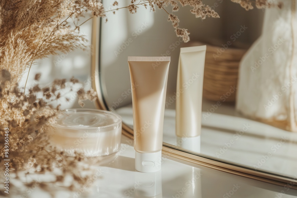 Aufkleber a tube of cream is elegantly displayed next to a decorative mirror and natural elements, capturing a