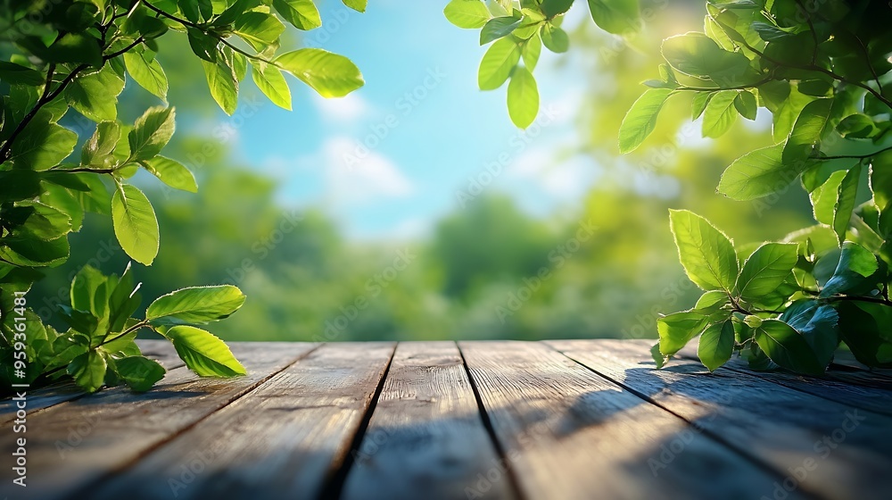 Poster empty background of summer landscape wooden table top green leaves closeup on a background of blue s