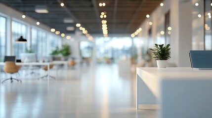 Obraz premium Abstract blurred image of modern Open space office with white interior concept full furniture for background design concept : Generative AI