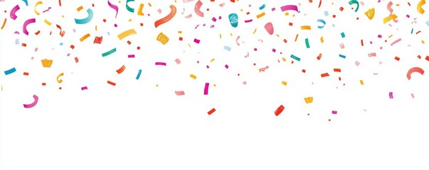 White Background with Colorful Confetti and Ribbons Along Bottom Edge, Celebration Concept, Flat Design Style