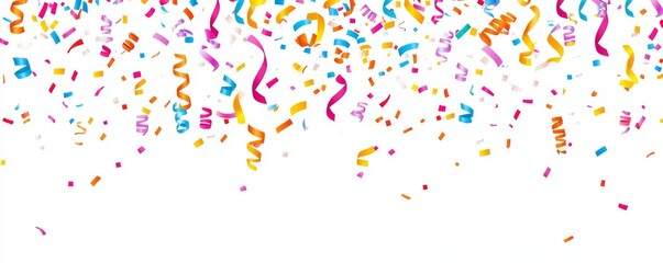 Fototapeta premium White Background with Colorful Confetti and Ribbons Along Bottom Edge, Celebration Concept, Flat Design Style