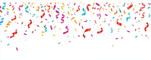 White Background with Colorful Confetti and Ribbons Along Bottom Edge, Celebration Concept, Flat Design Style