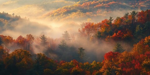 Obraz premium Misty hills covered in fall colors 
