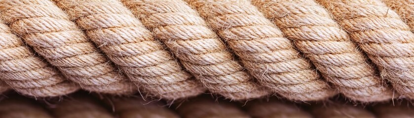 Fototapeta premium Closeup of a weathered rope with frayed fibers and visible wear, captured in warm, natural lighting to enhance the tactile quality