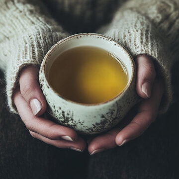 Woman's hands holding a cup of hot tea