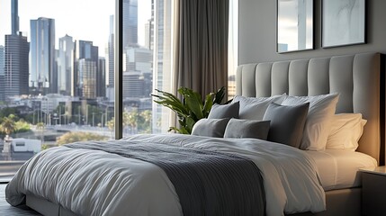 Modern and contemporary bedroom in Melbourne with views of the financial district of the city Condo or Hotel accommodation Pale green maple and gray colors : Generative AI
