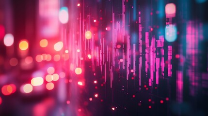 Abstract pink crisis business and forex chart on blurry toned city wallpaper with bokeh circles Downward trend and financial downfall concept Double exposure : Generative AI