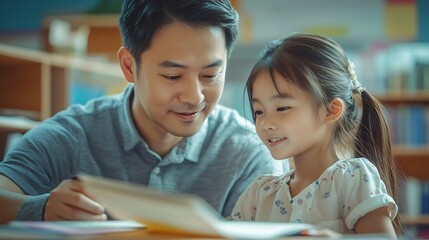 In school asian male teacher is helping biracial female student in the classroom with copy space : Generative AI