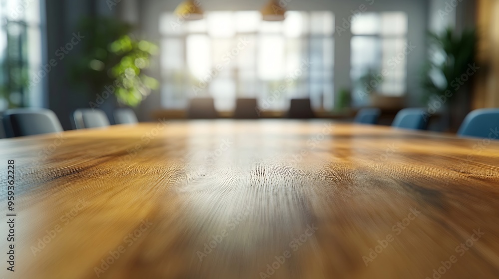 Leinwandbilder tabletop view on empty spacious meeting table for product display on blurred conference room backgro
