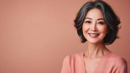 Obraz premium Portrait of a smiling mature woman with grey hair against a peach background.