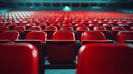 Obraz premium Empty seats in the stands of the arena or auditorium Rows of red and white stadium seats without spectators The concept of the abolition of sports and mass entertainment events : Generative AI