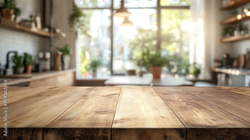 Aufkleber kitchen table background wood counter top on blur of white clean abstract home interior with bokeh u