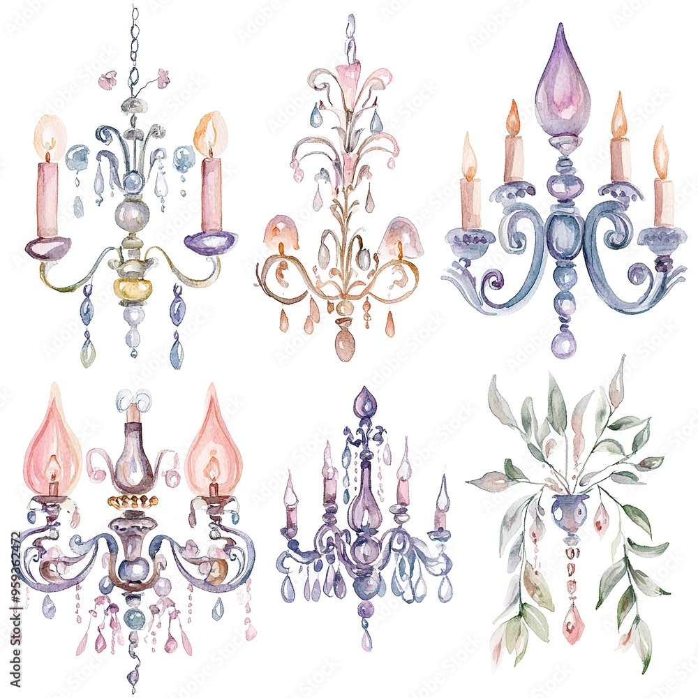 Wall mural whimsy watercolor of a chandeliers clipart, watercolor clipart, perfect for nursery, isolated on whi