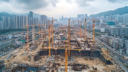 Fototapeta premium Panoramic view of construction sites and many cranes working in a new construction business : Generative AI