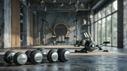 Closeup of Dumbbells in a Modern Fitness Studio