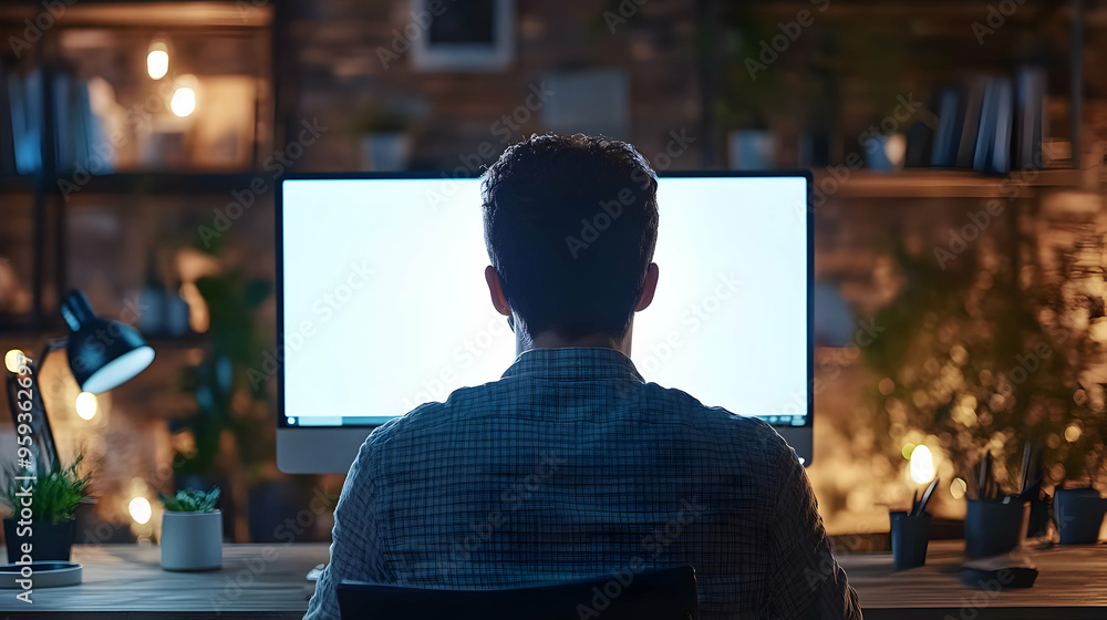 Poster rear view of a man sitting at a desk in front of a computer, working late at night.