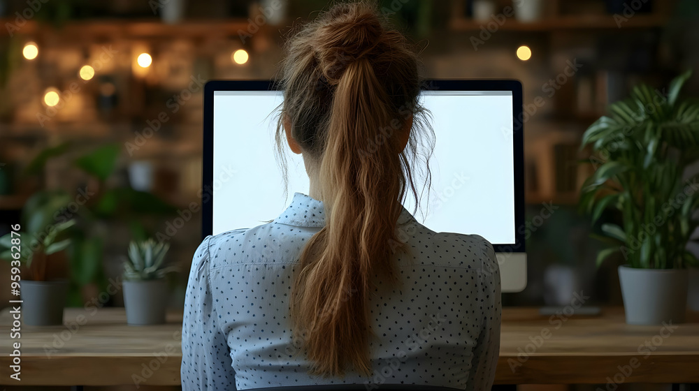 Poster rear view of a woman sitting at a desk in front of a computer with a blank screen, working from home
