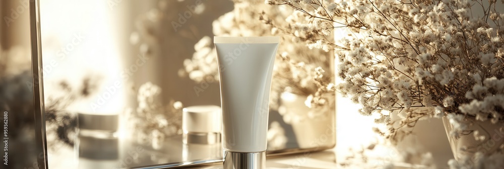 Aufkleber a tube of cream stands reflected in a mirror, capturing soft light and surrounded by delicate flower