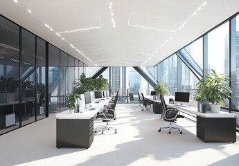 Modern Office with White Desks, Glass Windows, and Natural Light Creating a Clean, Professional Atmosphere