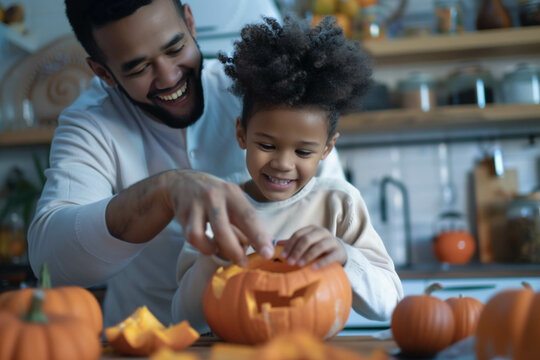Father and son carving pumpkins together for Halloween celebration