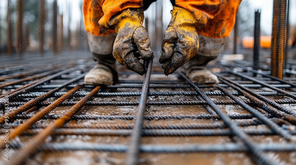 Poster Ironworker securing steel rebar framing at construction site worker ties steel reinforcement with wire Install rebar in the footing : Generative AI