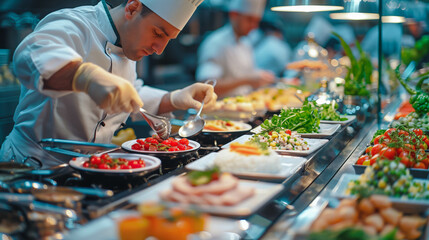 Obraz premium Professional Chefs Arranging a Gourmet Buffet Spread