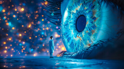Surreal Vision: Man Encounters Giant Eye in Digital Realm